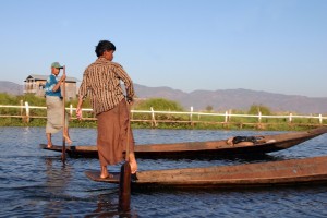 Leg-rowing fishermen, in Inle Lake, Myanmar.