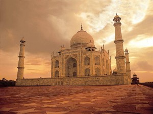 The Taj Mahal at sunset. 