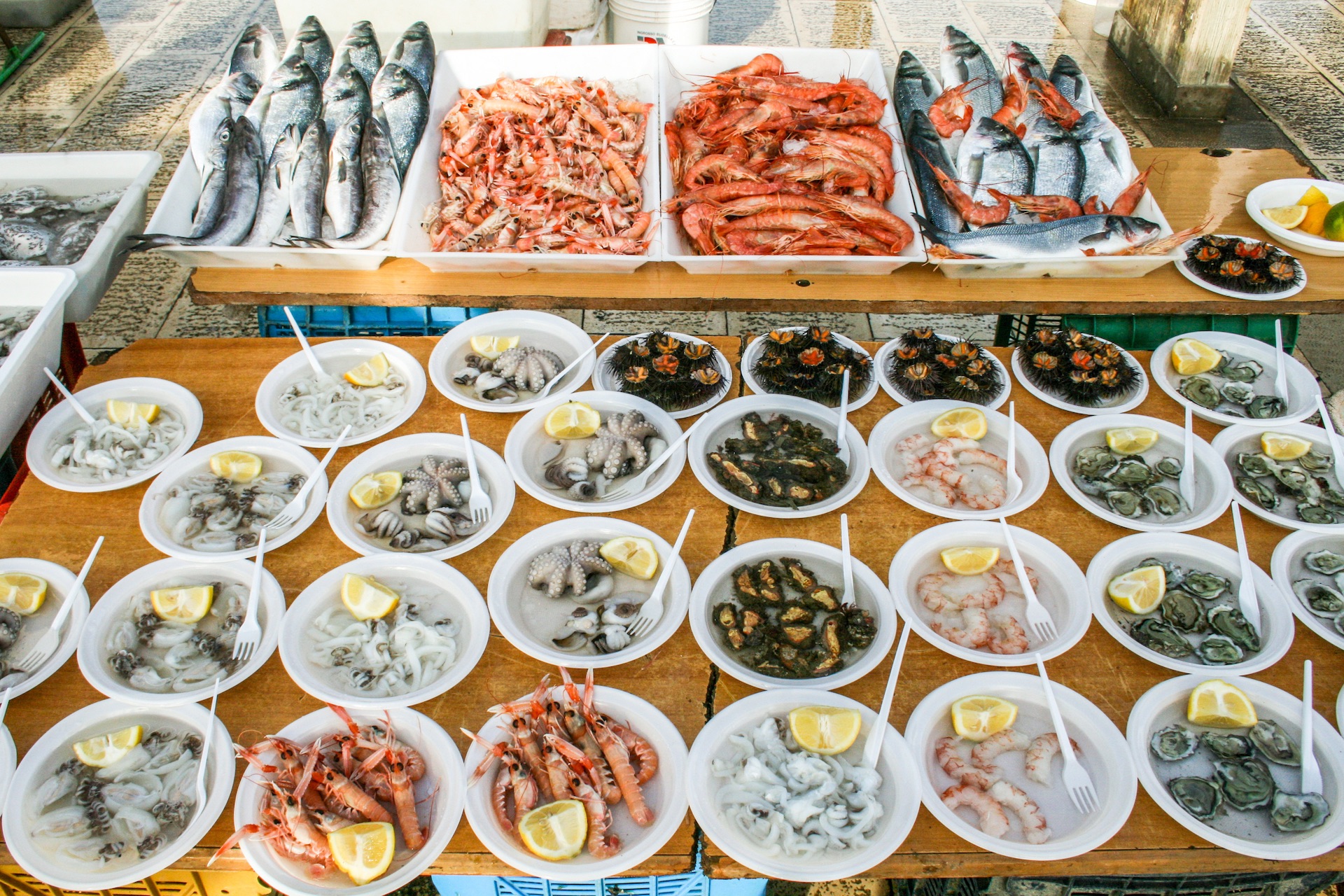 Various seafood dishes on a table