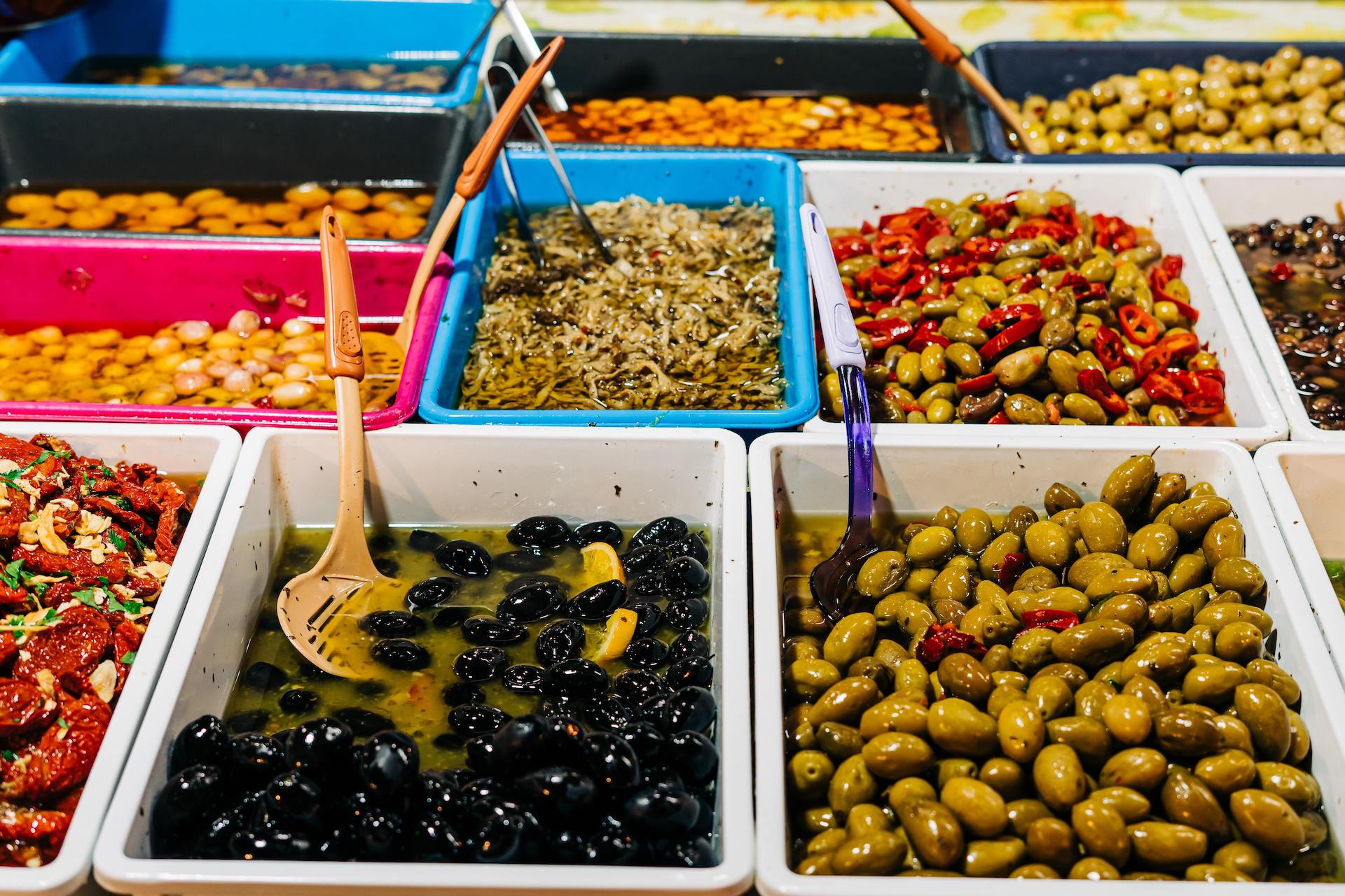 Selection of olives at a market