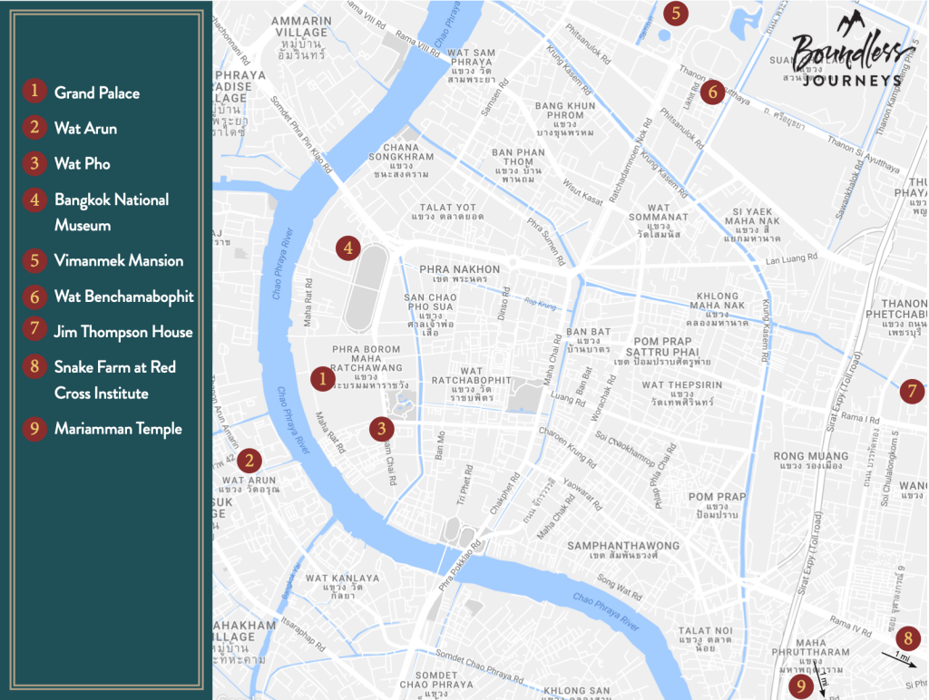 Map of Bangkok with highlight markers for guide locations