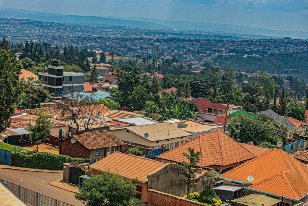 View across orange Kigali rooftops