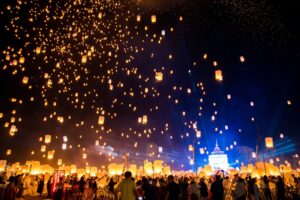 Sky lantern mass release event for Yee Peng and Loy Krathong festival in Chiang Mai, Thailand, south east asia photo